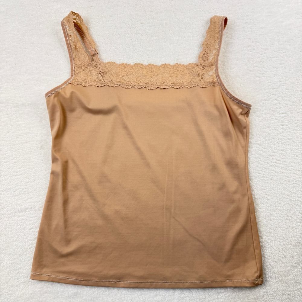 Vassarette Slip Camisole Tank Top Women Medium Tan Lace Trim Adjustable Straps